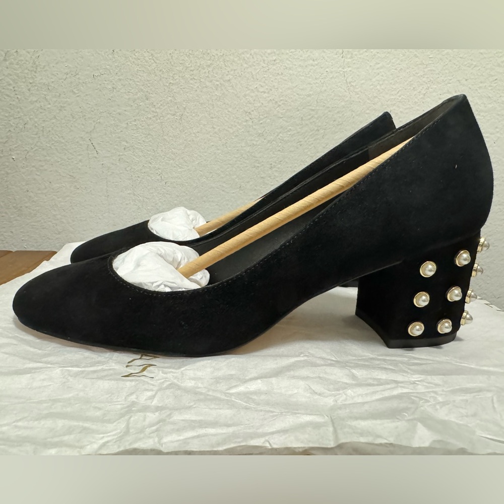 Stuart Weitzman Black Suede Block Heels with Pearl-Studded Heel